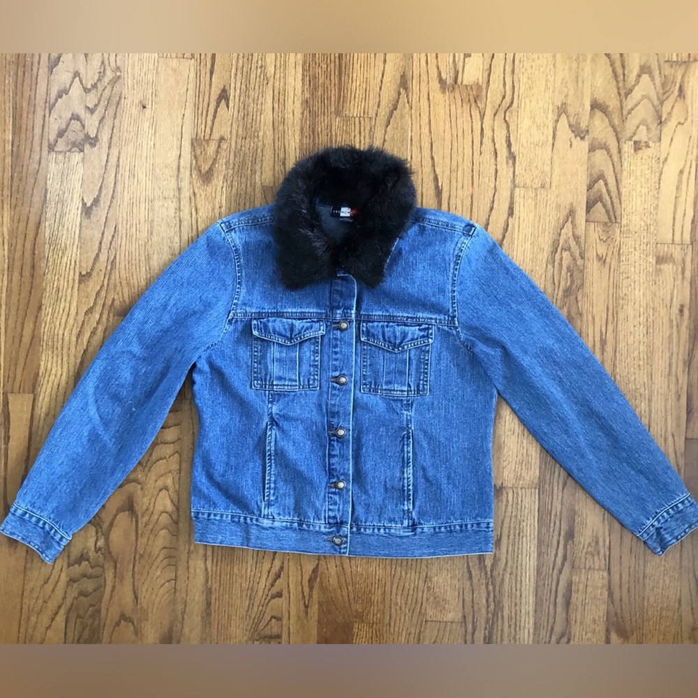 French Cuff Denim Jean Jacket Detachable Faux Fur Collar Women’s Sz. Medium